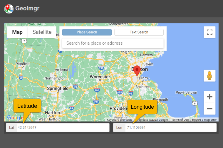 Inserting latitude and longitude data screenshot