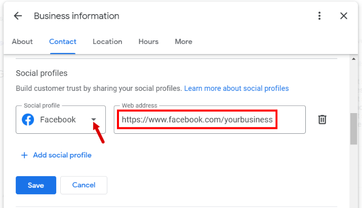 Google Business Profile add social media account links