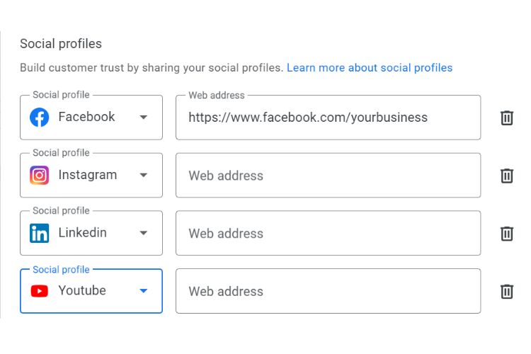 Adding social media accounts on Google business profile