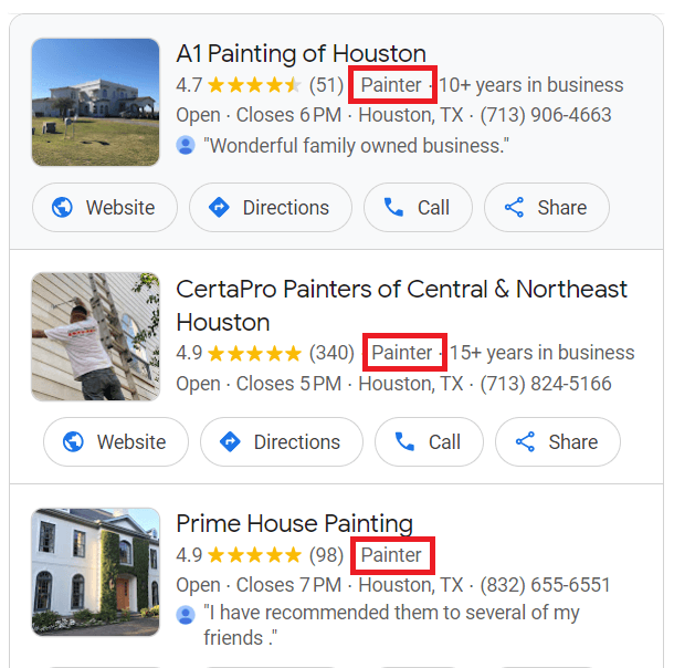 Google Business Profile primary category for painters